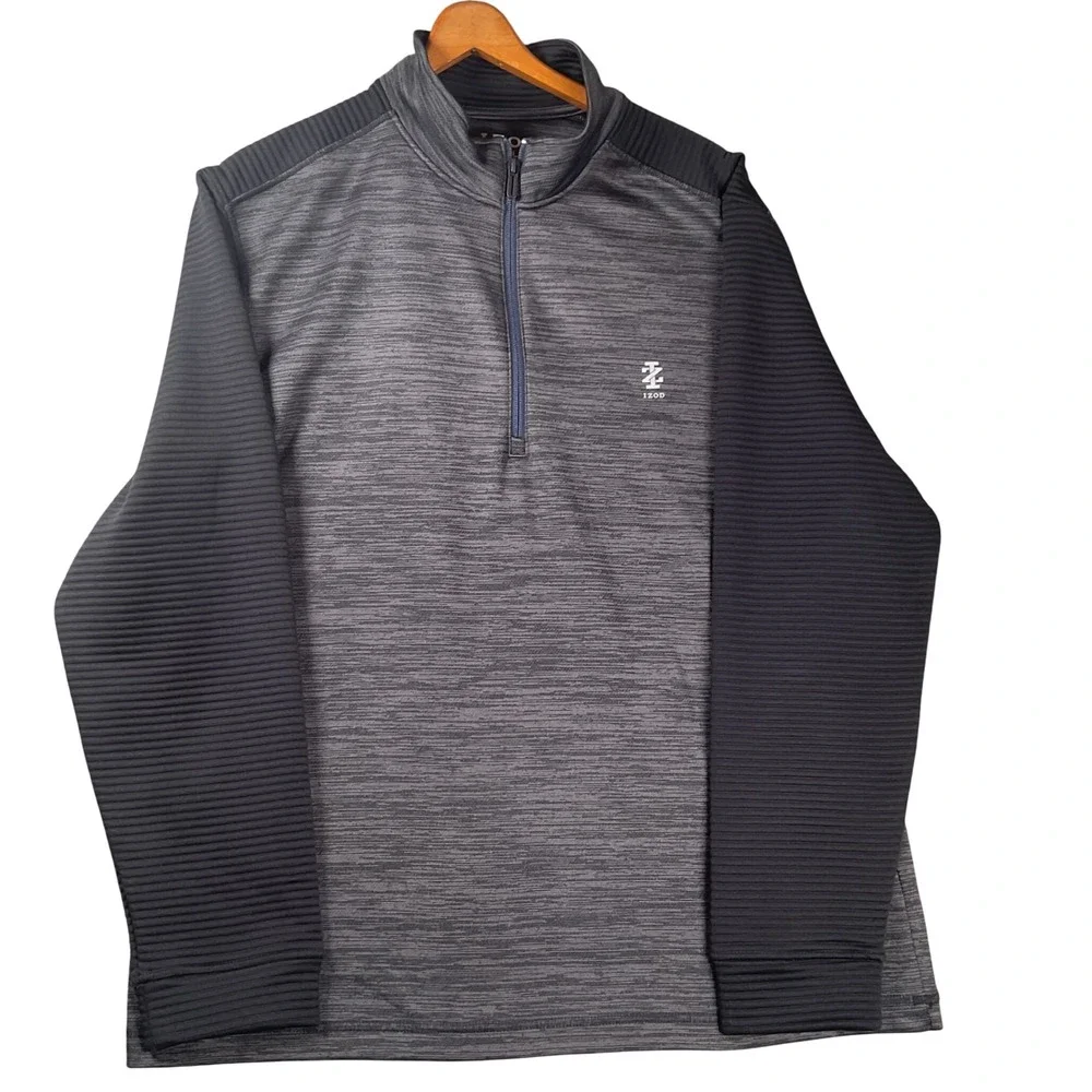 IZOD Golf Pullover Mens Large Grey Black Quarter Zip Ribbed Sleeve Stretch Top